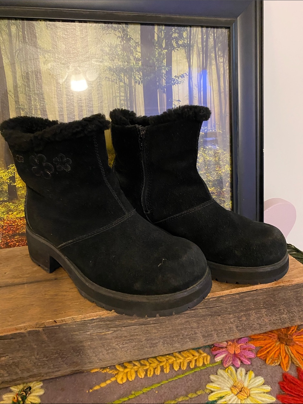 UGG Black Suede Ankle Boots with Faux-Fur Collar,couple areas on the front.
